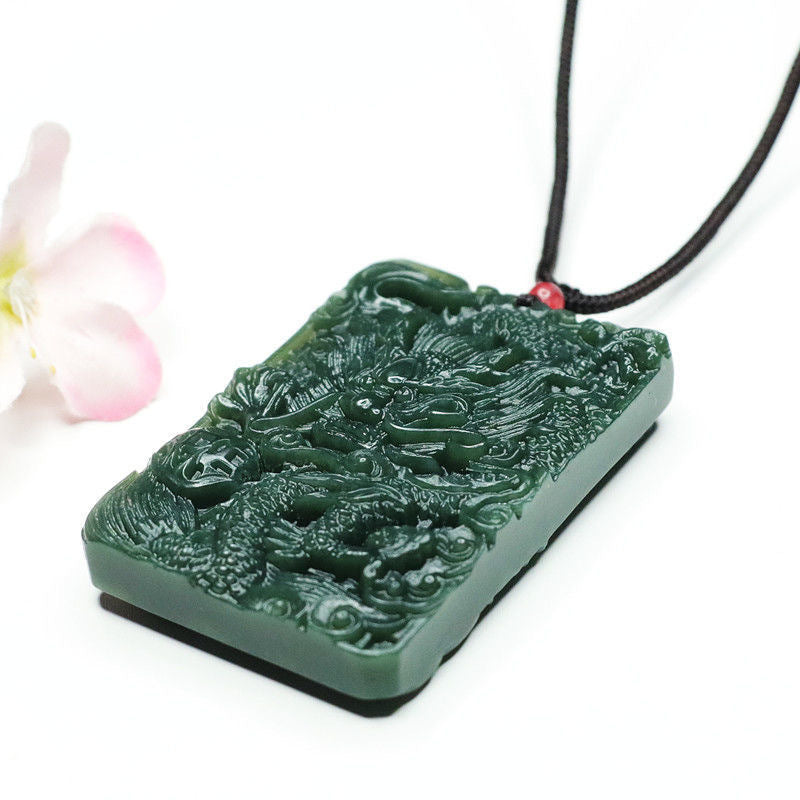 Dragon and Phoenix Double-sided Carved Green Jade Necklace