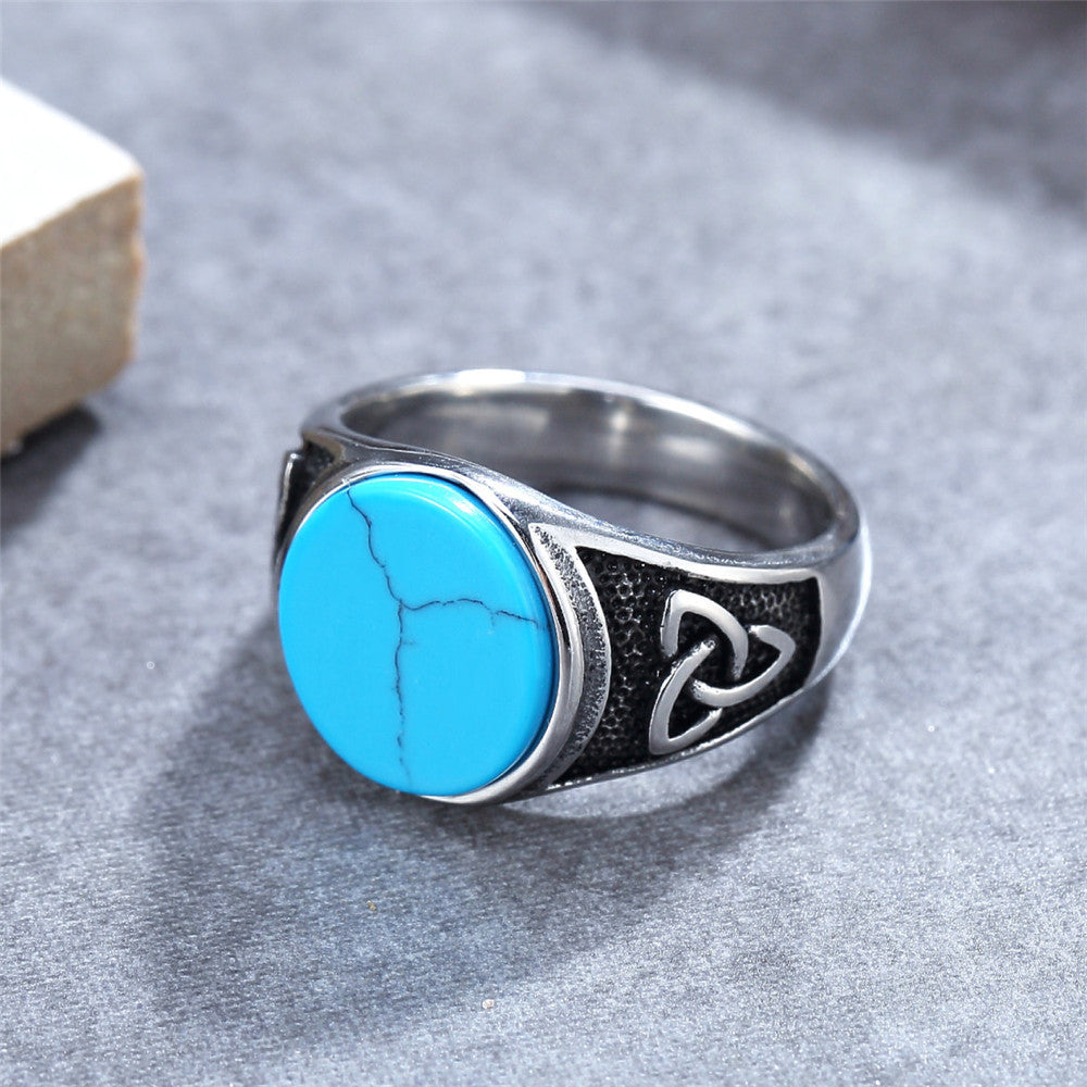 Vintage Viking Round Stone Titanium Steel Ring for Men