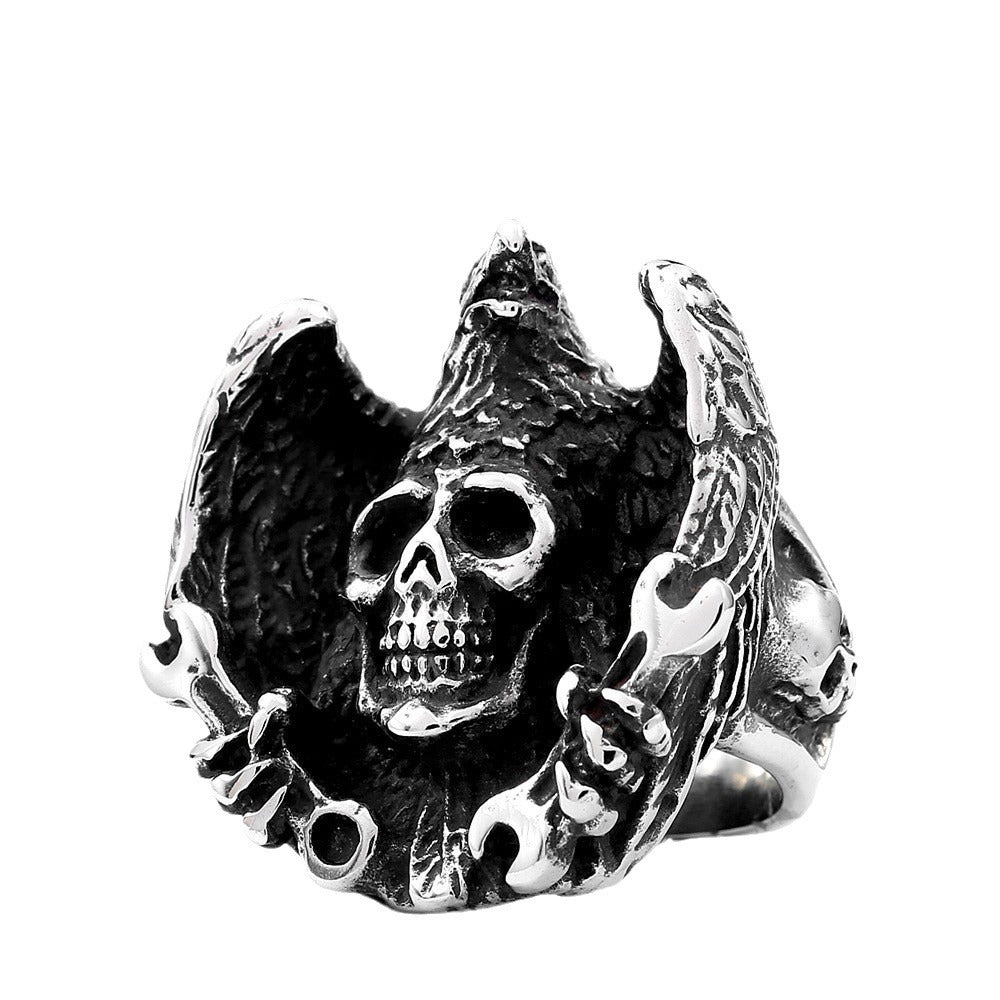 Custom Engraved Titanium Steel Men's Ring with Eagle Skull Wrench Design - Wholesale Jewelry