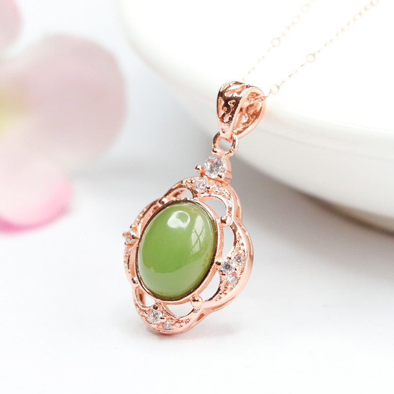 Oval Hollow Flower Edge Necklace Crafted with Natural Hotan Jade