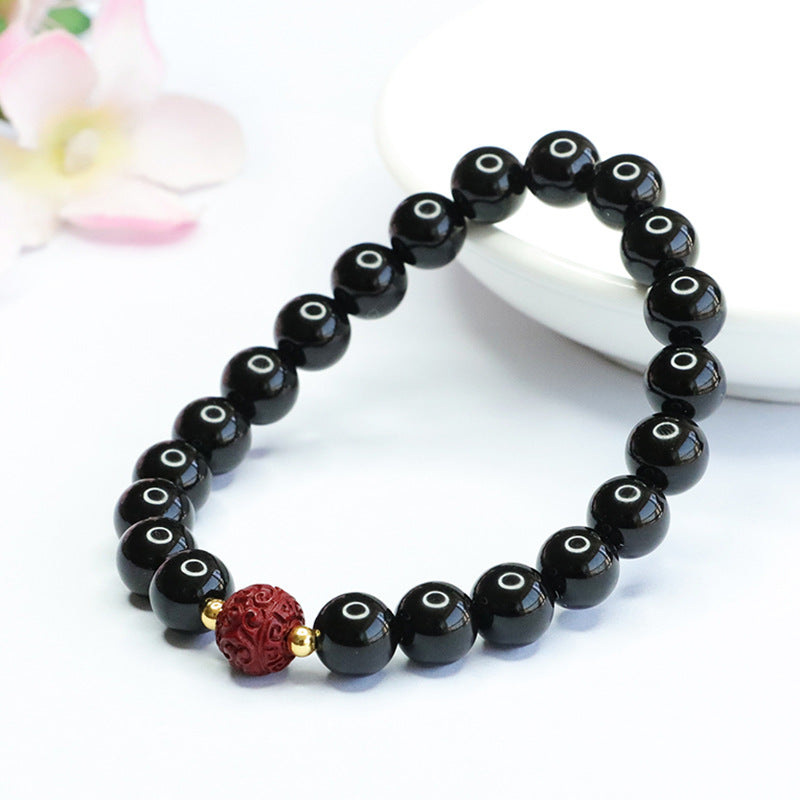 Black Agate and Purple Gold Sand Bead Sterling Silver Bracelet