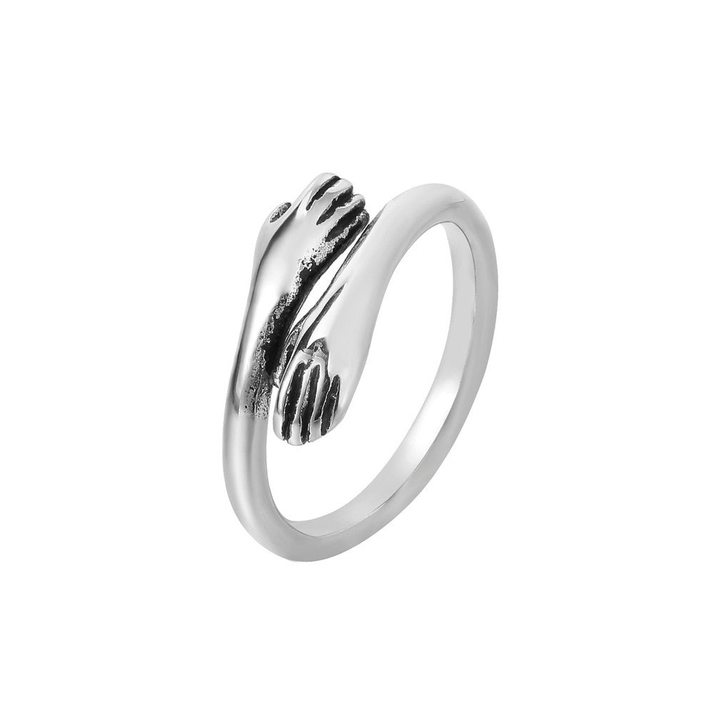 Retro Hug Hands Titanium Steel Ring - European and American Fashion