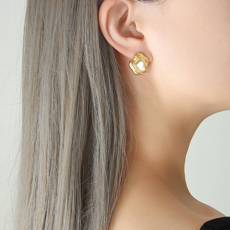 Korean Shell Inlaid Geometric Earrings - Titanium Steel & 18K Gold Plated