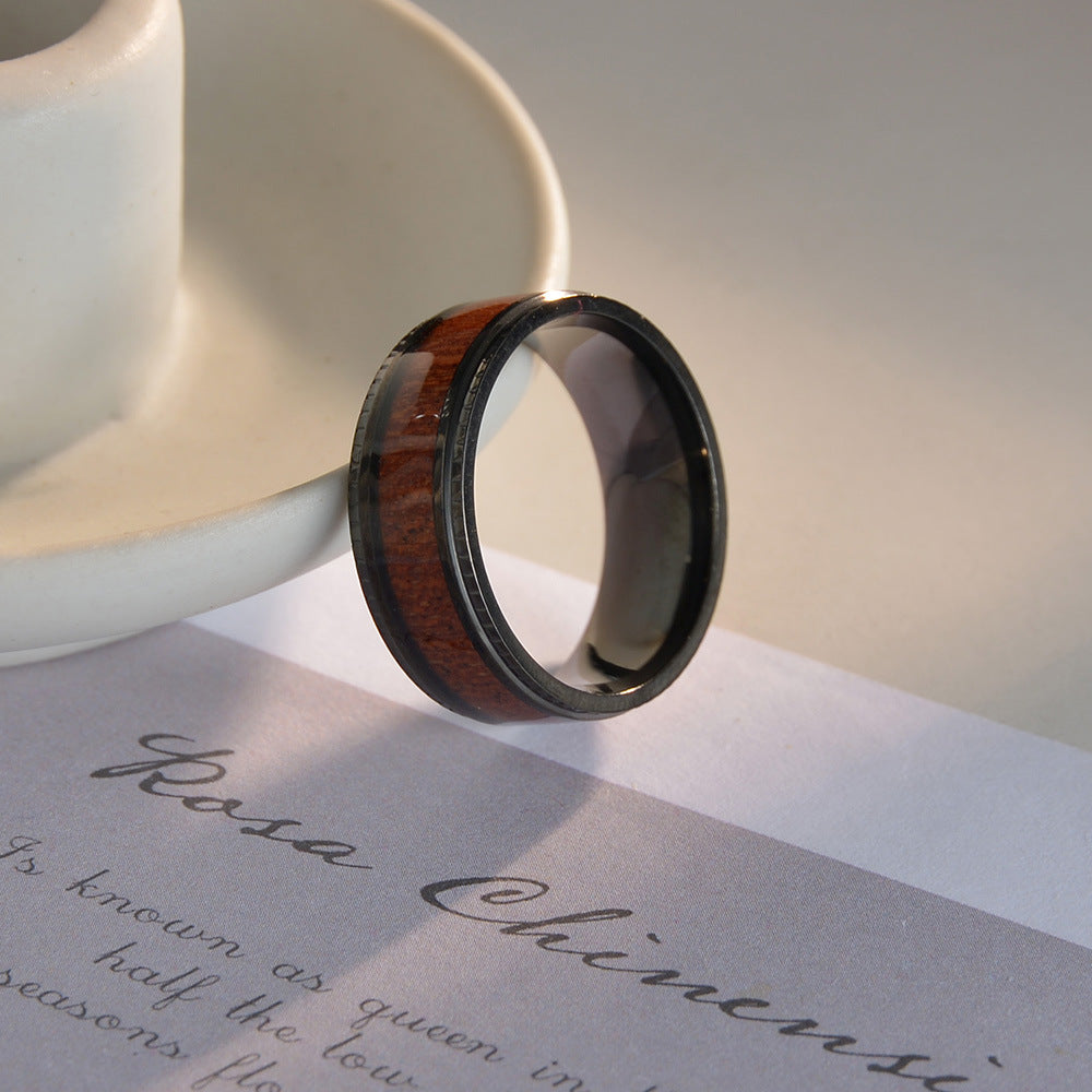 Natural Style Titanium Steel Men's Ring with Acacia Wood Inlay - European and American Design