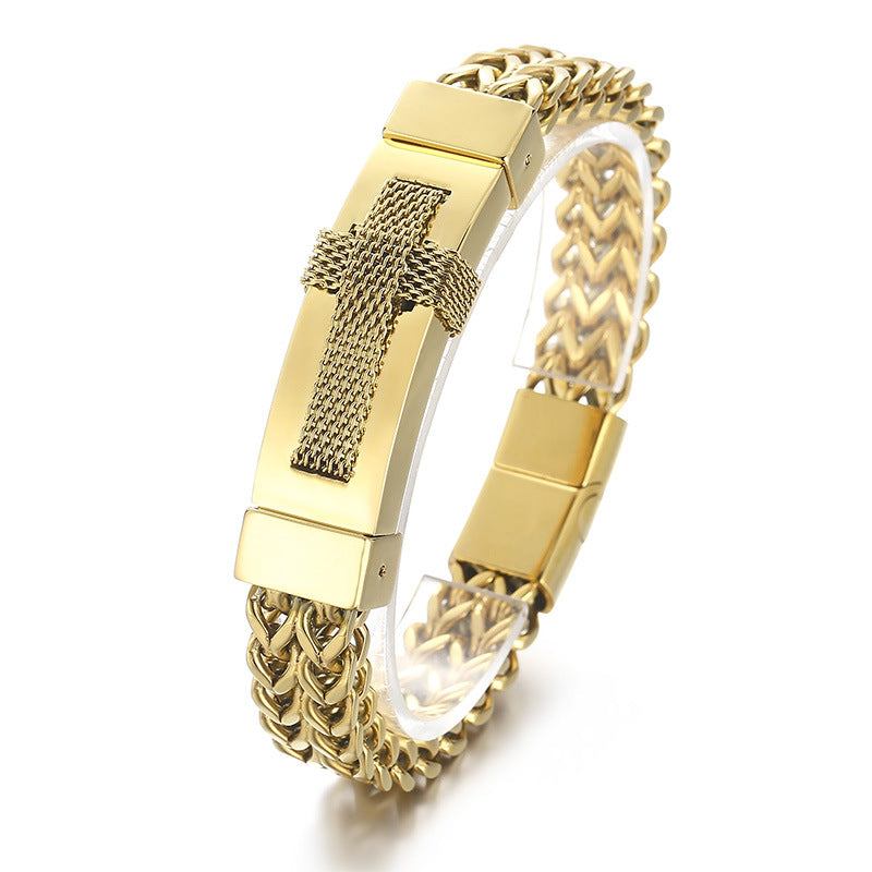 Trendy Woven Cross Stainless Steel Bracelet for Men - Hip-Hop Style with Rock Vacuum Plating