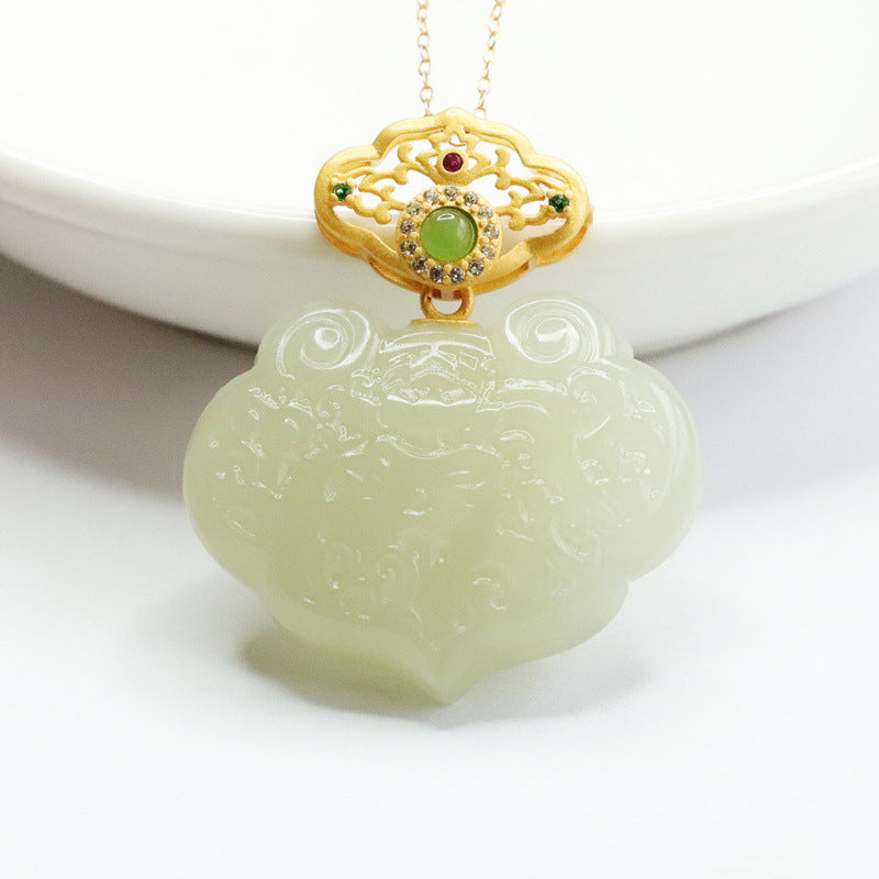 Sterling Silver Lotus Ruyi Pendant Necklace with Natural Hetian Jade