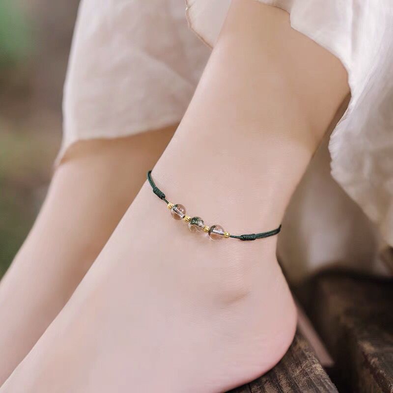 Green Ghost Crystal Fortune Anklet with Red Rope Chain