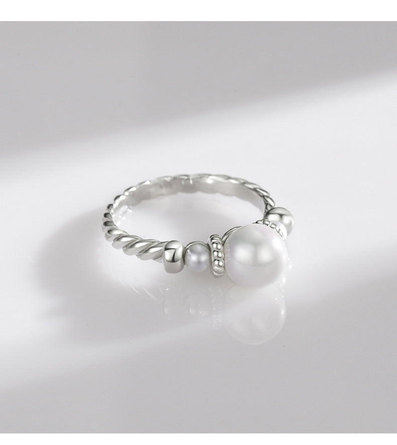 Elegant Retro Pearl Ring - Sterling Silver, Korean Style