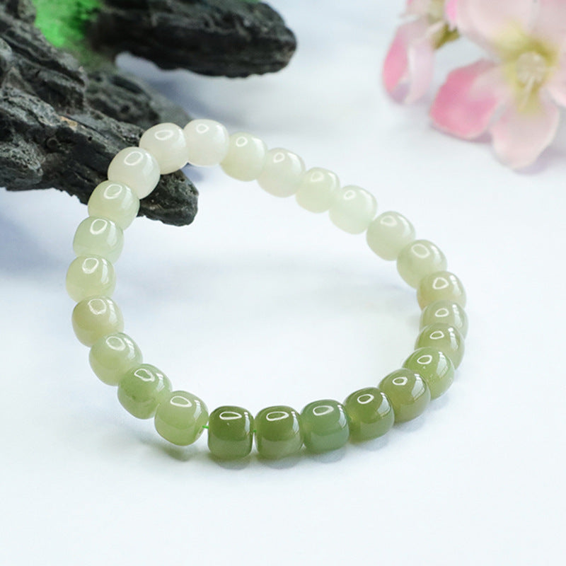 Authentic Hetian Jade Bead Bracelet with Sterling Silver Detail