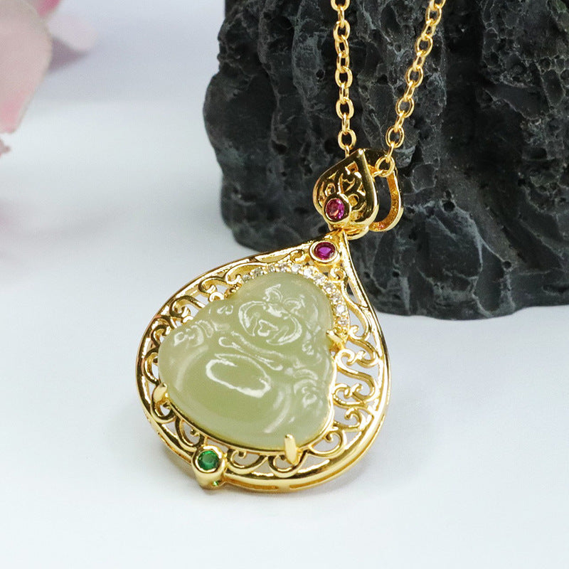 Jade Buddha Pendant with Sparkling Zircon Necklace