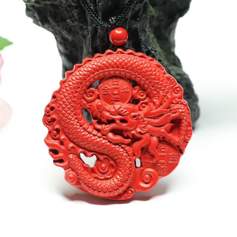 Cinnabar Hollow Dragon Pendant, Red Sand Round Pendant Jewelry