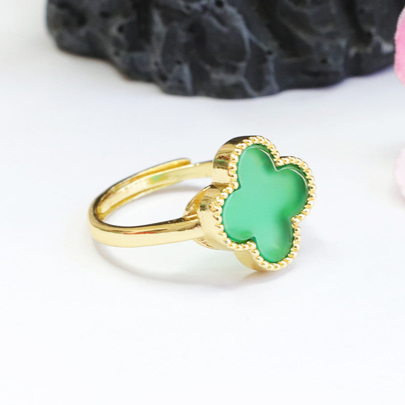 Green Chalcedony Four-leaf Clover Sterling Silver Ring