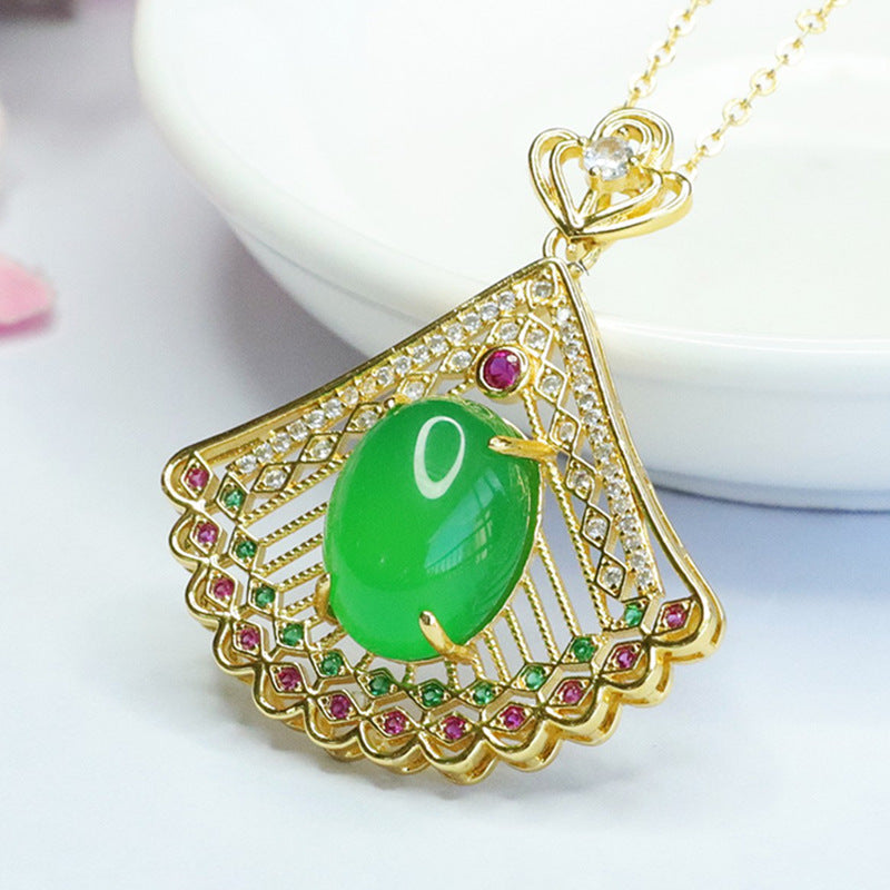 Peacock Patterned Zircon Pendant with Green Chalcedony Hollow Design