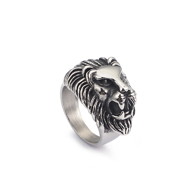 Vintage European and American Style Stainless Steel Lion Head Men's Ring in Titanium for Wholesale