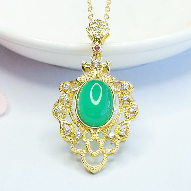 Green Chalcedony Leaf Pendant with Zircon Accent