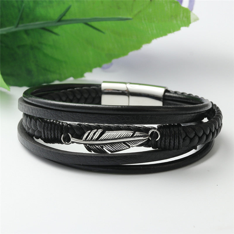 Titanium Steel Woven Feather Leather Bracelet for Men - Personalized Punk Style Accessory