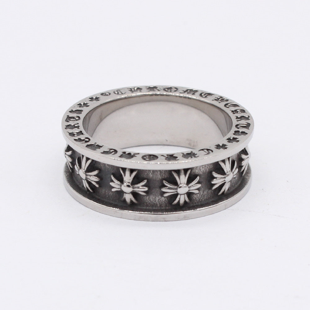 Row of Cross Flower Grooved Titanium Steel Ring for Men