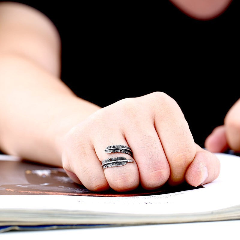 Vintage-Inspired Titanium Steel Open Ring Set with Angel Wings for Couples, Featuring Takahashi Feather Design for Men