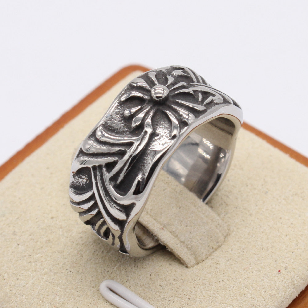 Cross Flower Wavy Titanium Steel Ring for Men