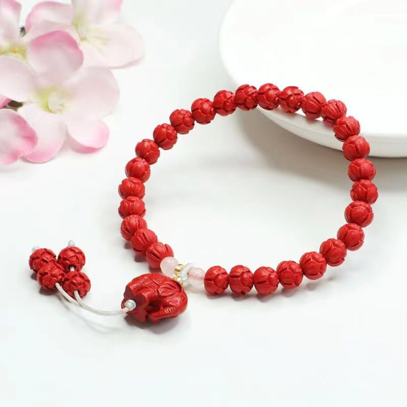 Lucky Elephant Cinnabar Lotus Bead Sterling Silver Bracelet