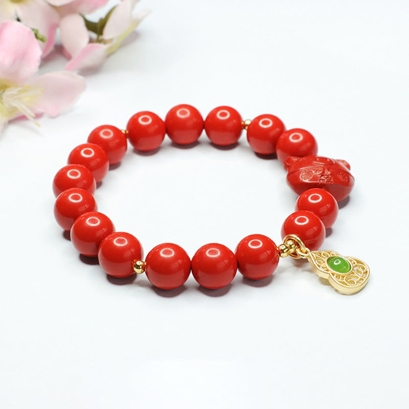 Red Cinnabar and Jade Gourd Zodiac Pig Bracelet