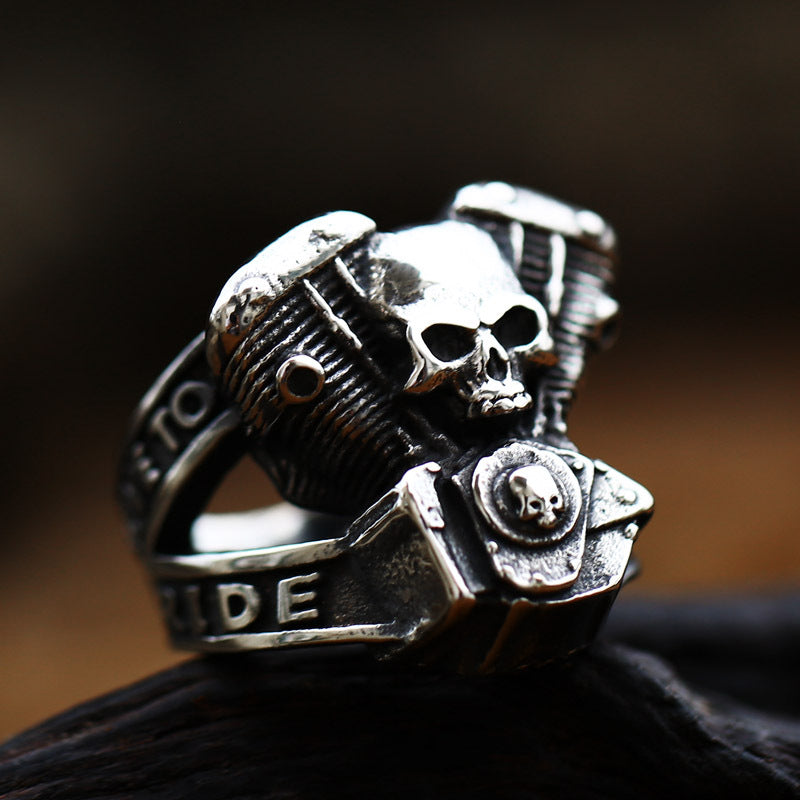 Retro Engine Wrench Skull Ring for Men - European and American Locomotive Style Stainless Steel in Titanium Steel