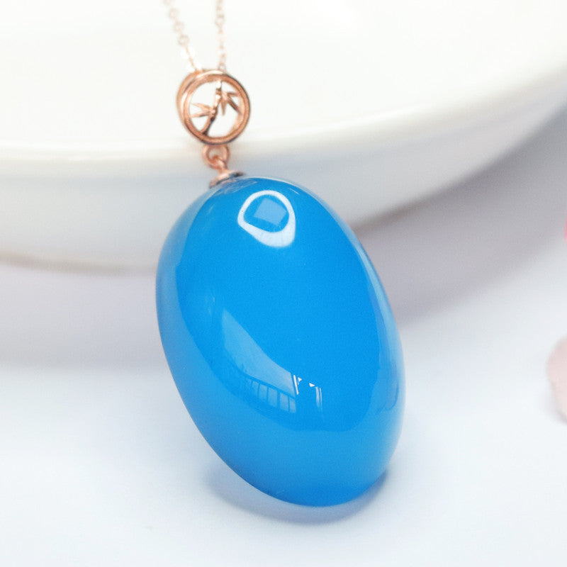 S925 Sterling Silver Blue Chalcedony Pigeon Egg Necklace with Rose Gold Accent