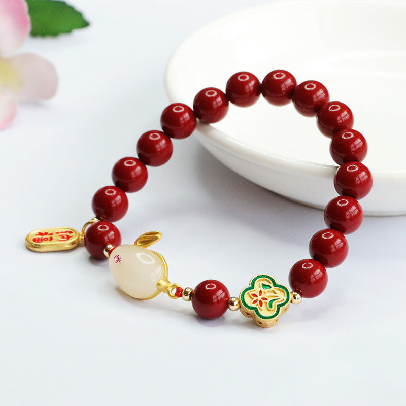 Rabbit Jade and Cinnabar Sterling Silver Bracelet