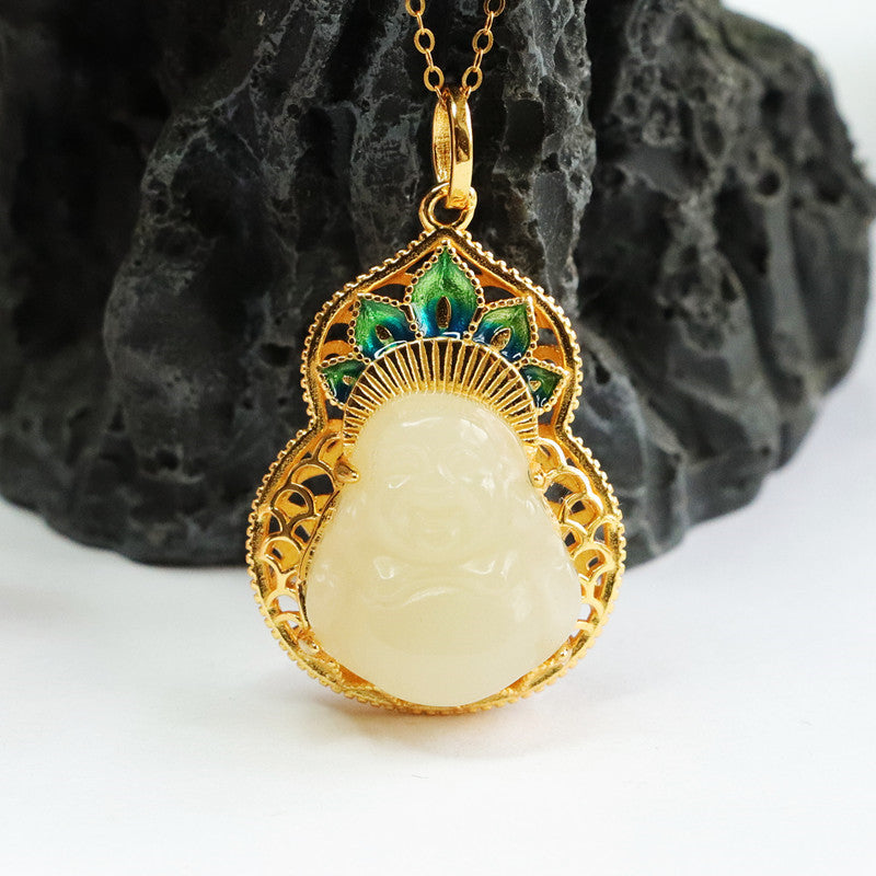 S925 Silver Natural Hotan Jade Pendant Buddha Hollow Necklace