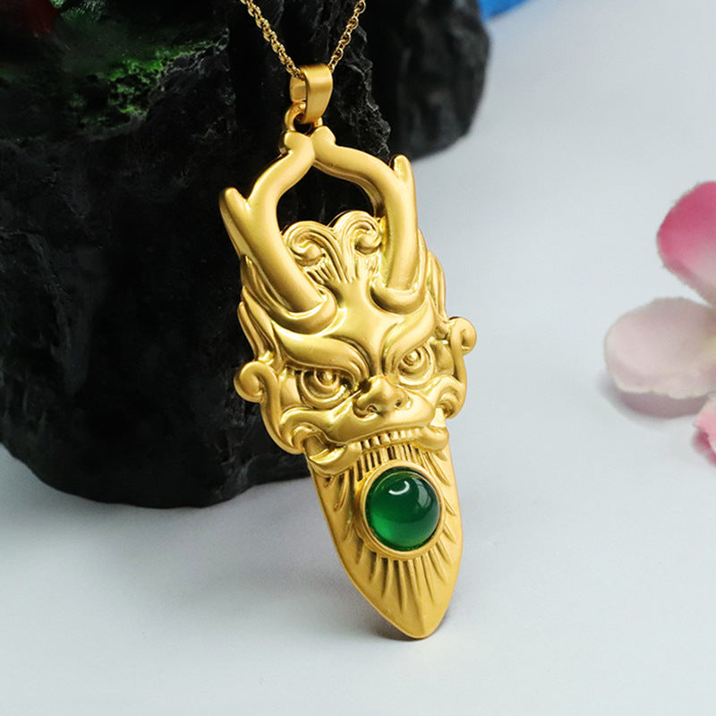 Green Chalcedony Dragon Pendant With Sterling Silver Head