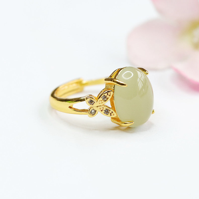 Oval Hetian Jade Ring with Zircon Butterfly Accent and Adjustable Design