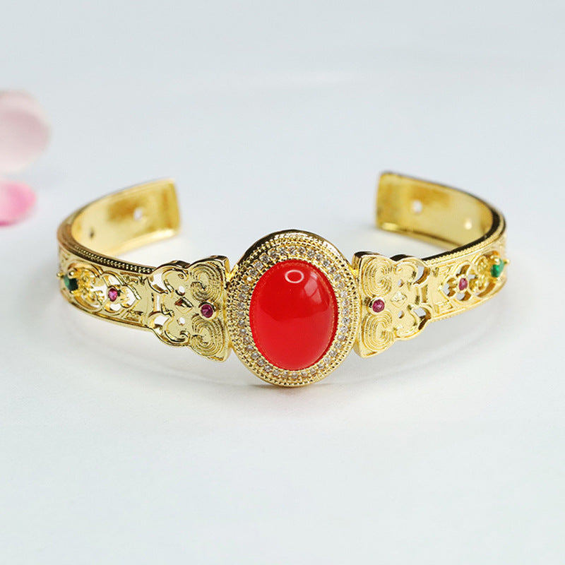 Butterfly Golden Bracelet with Red Agate and Chalcedony