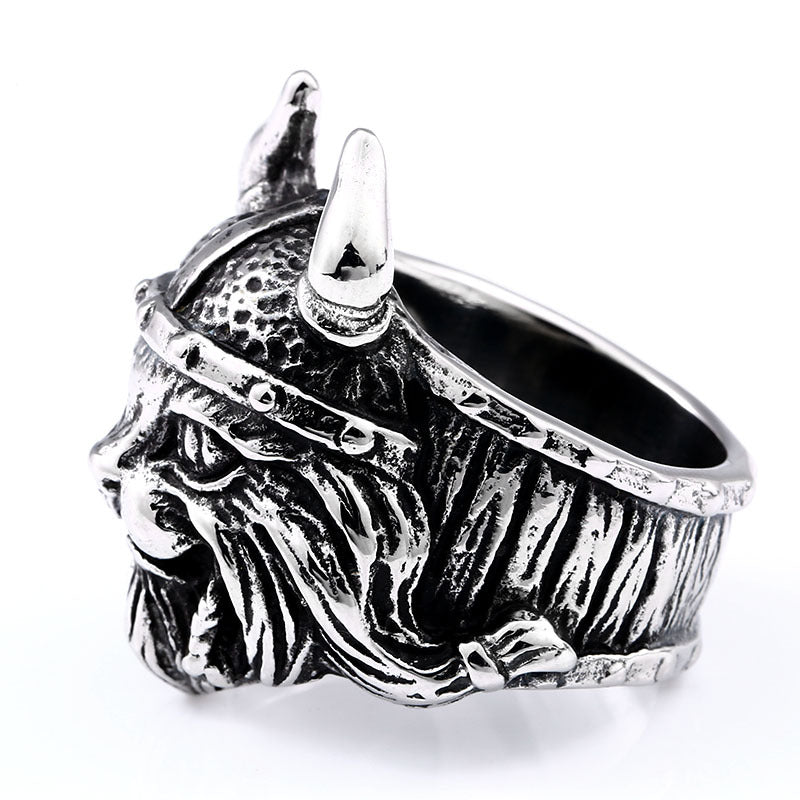 Titanium Steel Vintage Animal Horn Ring for Men - Retro Dog Head Design