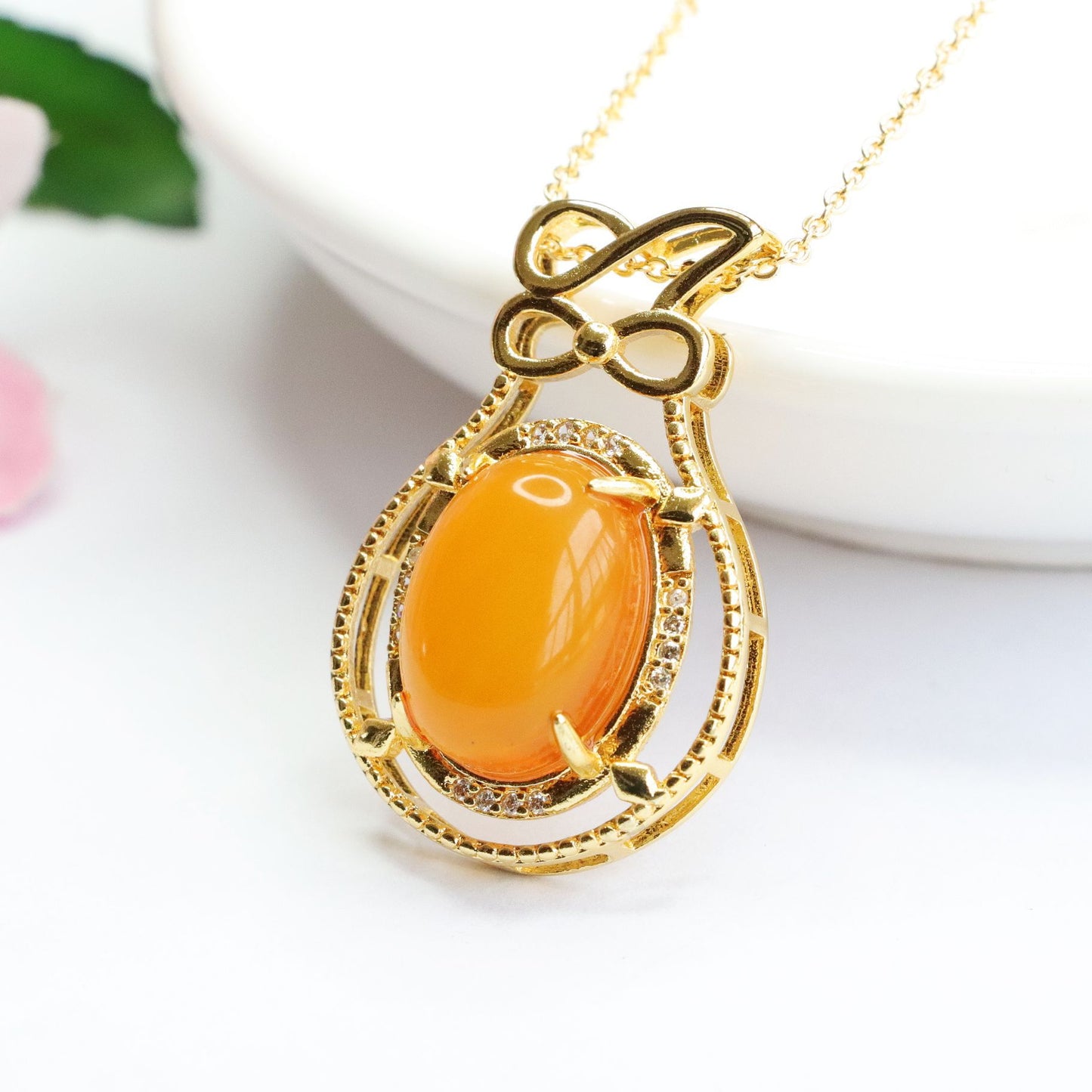 Amber Honey Wax Bowtie Necklace with Sterling Silver Chain