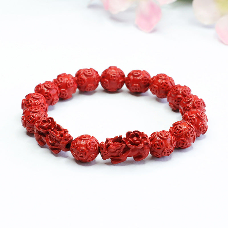 Red Sand and Cinnabar Pixiu Bracelet with Sterling Silver Beads