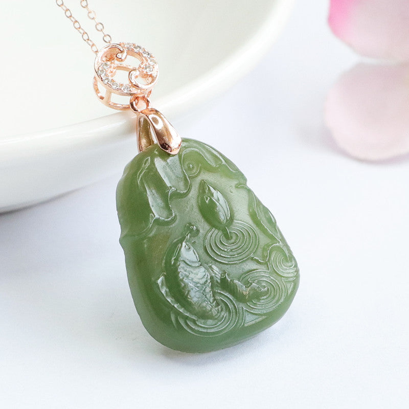 Hetian Jade Lotus Fish Pendant Sterling Silver Necklace from Planderful Fortune's Favor Collection