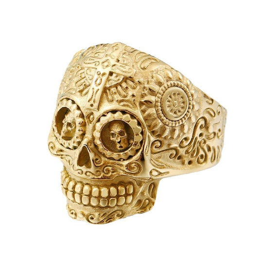 Retro Titanium Steel Electroplated All-Gold Cross Skull Ring for Men - Personalized Engraved Wholesale