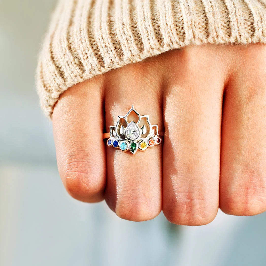 Hollow Lotus Colourful Zircon Sterling Silver Ring