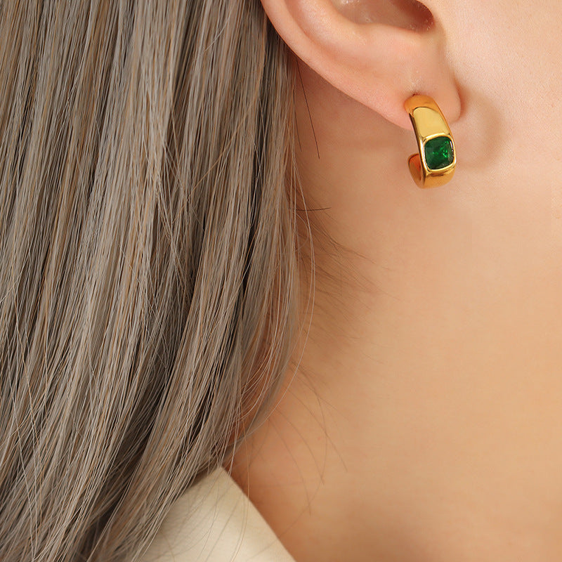 Green Zircon C-Shaped Earrings in Titanium Steel with 18K Gold Plating - European & American Style Statement Jewelry