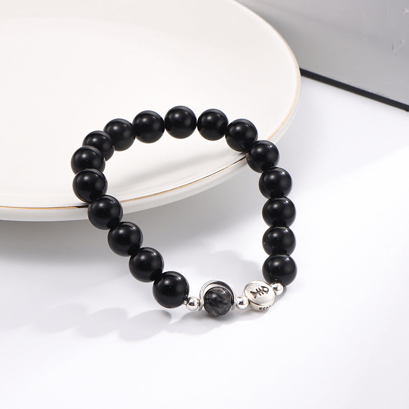 Fortune's Favor Sterling Silver Obsidian Couple Bracelet Set, Korean Style Gift for Students