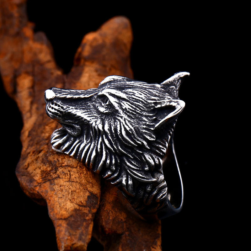 Retro Viking Wolf Head Titanium Steel Ring for Men - European & American Style, Available in Sizes 7-13