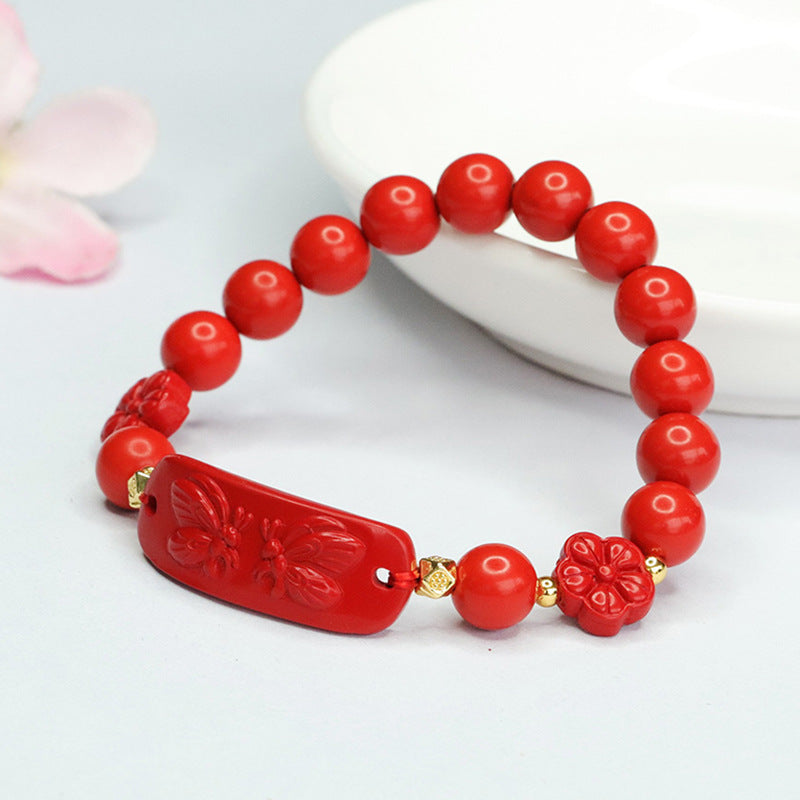 Red Butterfly Cinnabar Stone Sterling Silver Bracelet