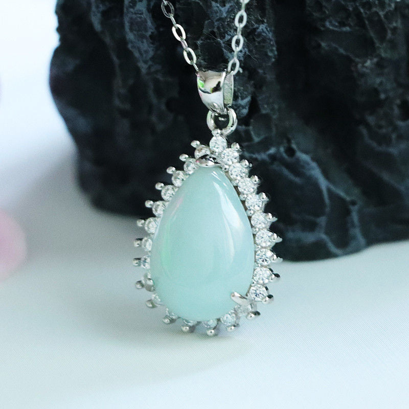 Sterling Silver Jade Water Drop Pendant Necklace with Zircon Halo