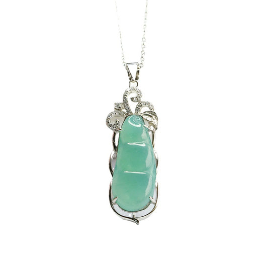 Green Bean Hollow Zircon Necklace with Ice Blue Green Jade in S925 Silver