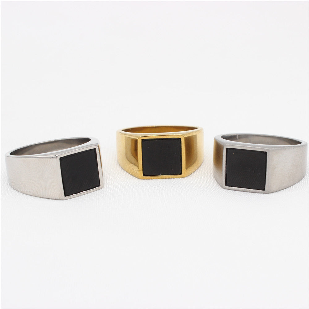 Simple Black Square Titanium Steel Men's Ring for Cold Weather