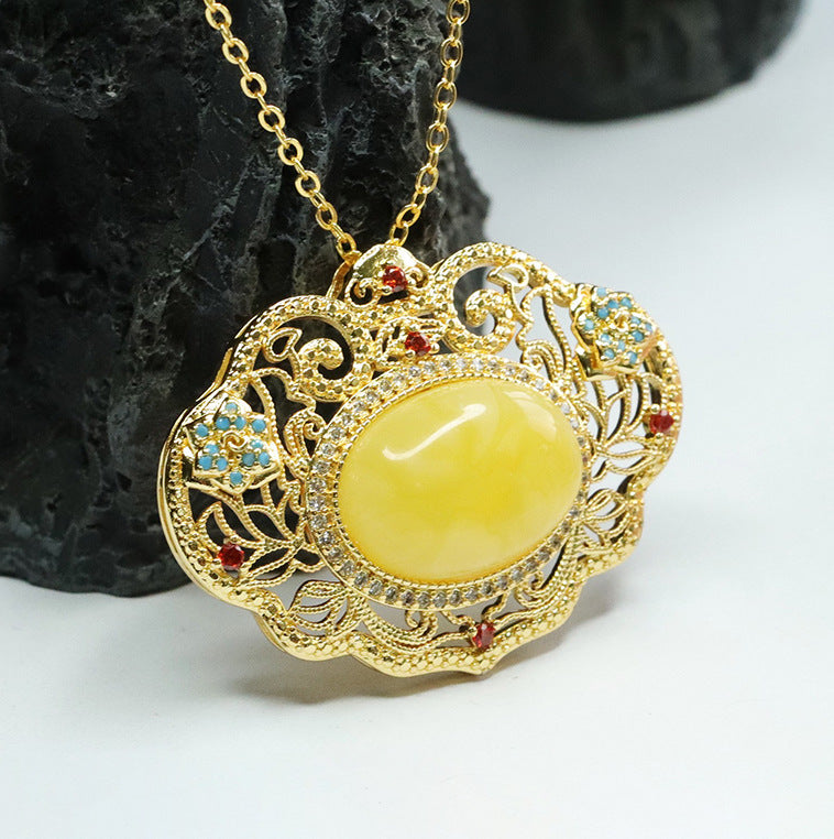 Golden Ruyi Beeswax Amber Pendant with Sterling Silver Necklace