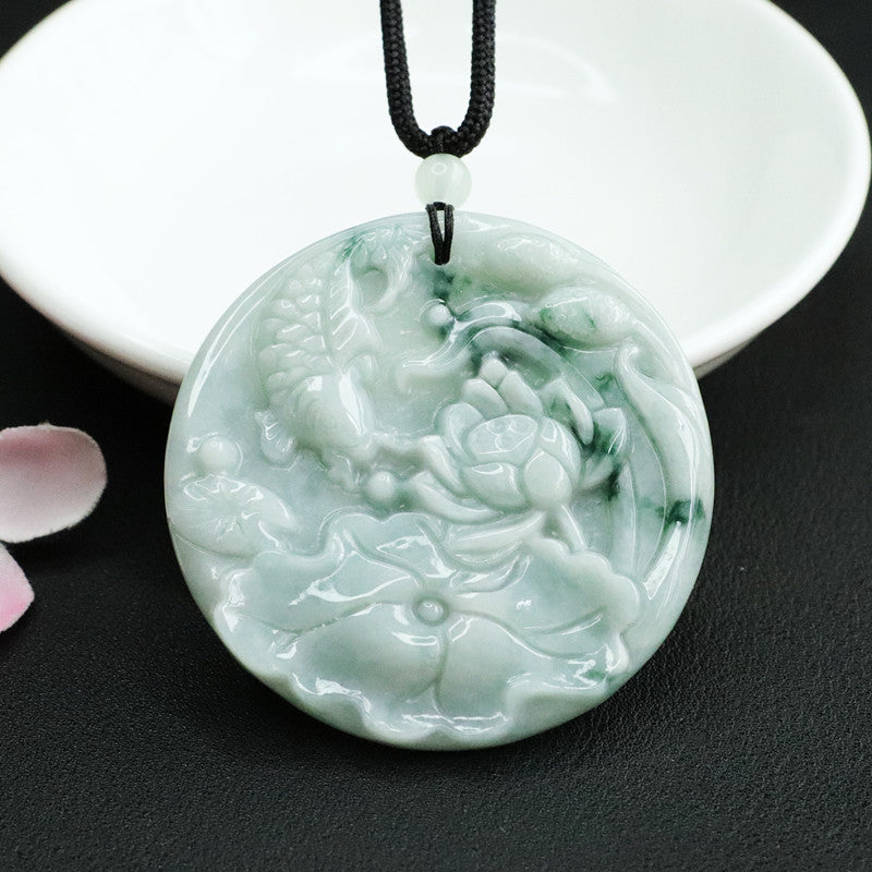 Fortune's Favor Jade Koi Pendant with Lotus Leaf Design