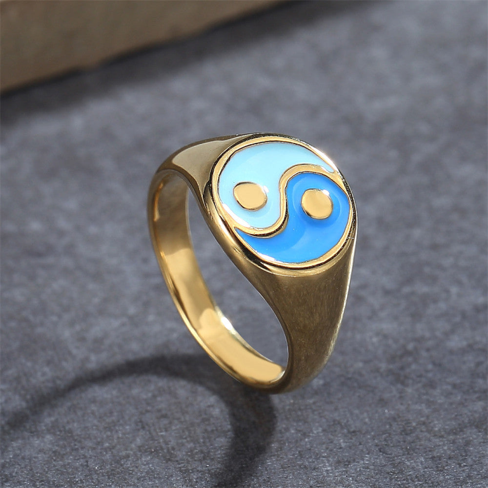 18K Gold-plated Tai Chi Bagua Yin and Yang Titanium Steel Ring for Women - Waterproof and Non-fading Jewelry