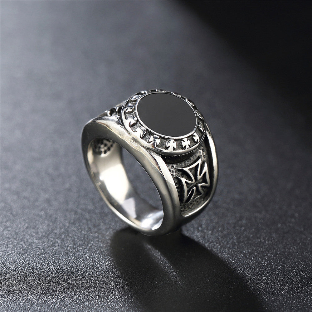 Black Round Disk Croix Cross Titanium Steel Ring for Men