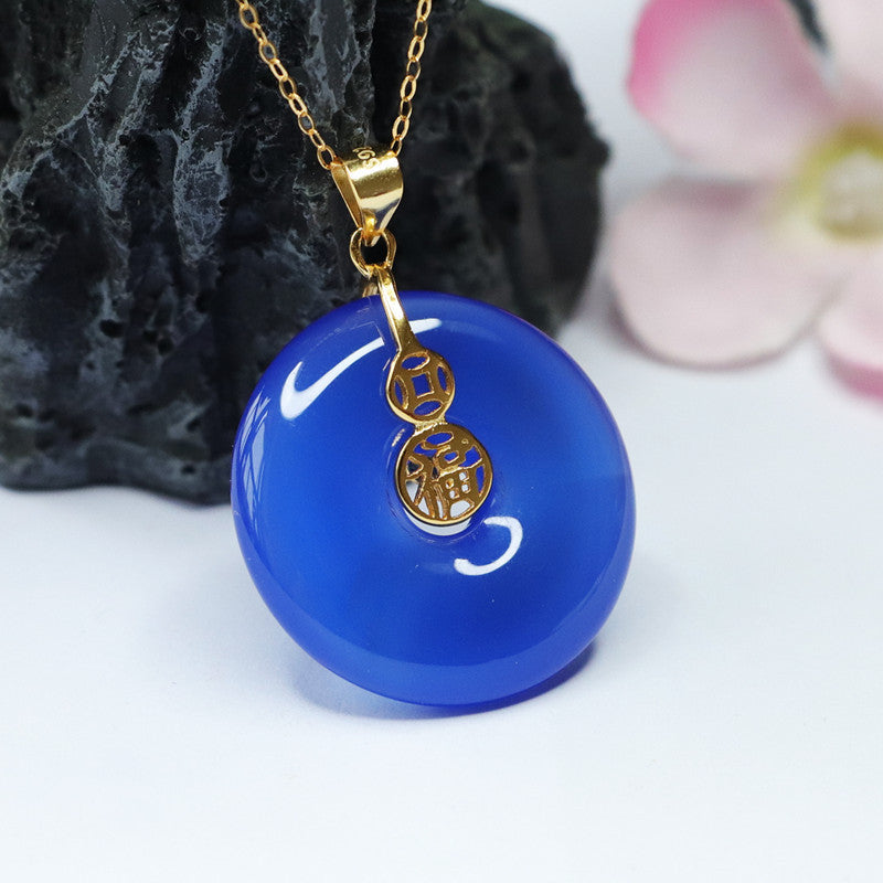 Golden Necklace with Blue Chalcedony Pendant and Silver Ping An Buckle